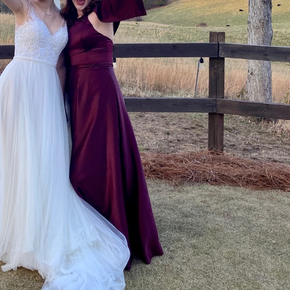 Morilee David’s Bridal Wine Satin High-neck A-Line Bridesmaids Dress - Picture 8 of 10